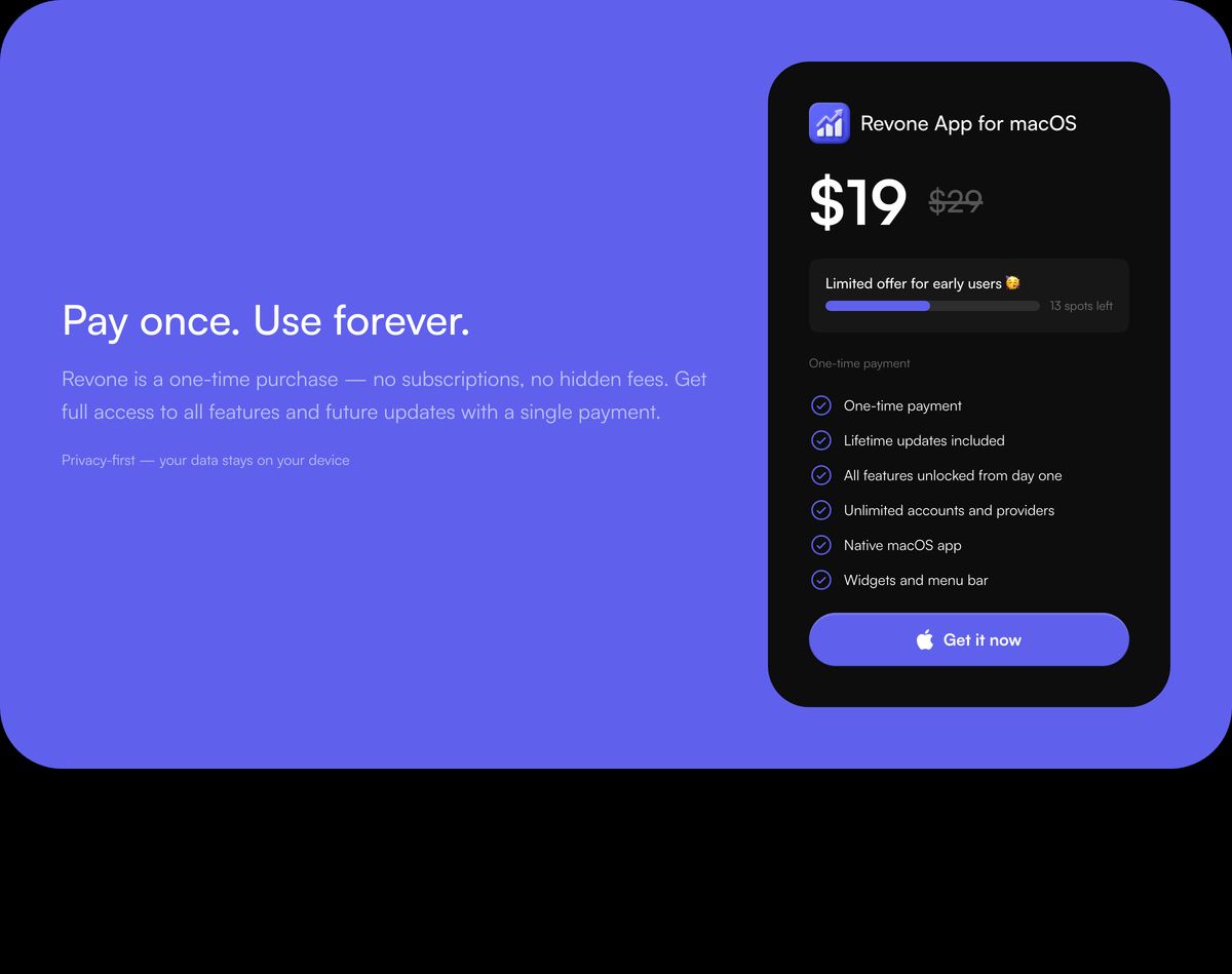 Vibrant purple pricing callout featuring bold value proposition copy beside a floating dark macOS checkout card.