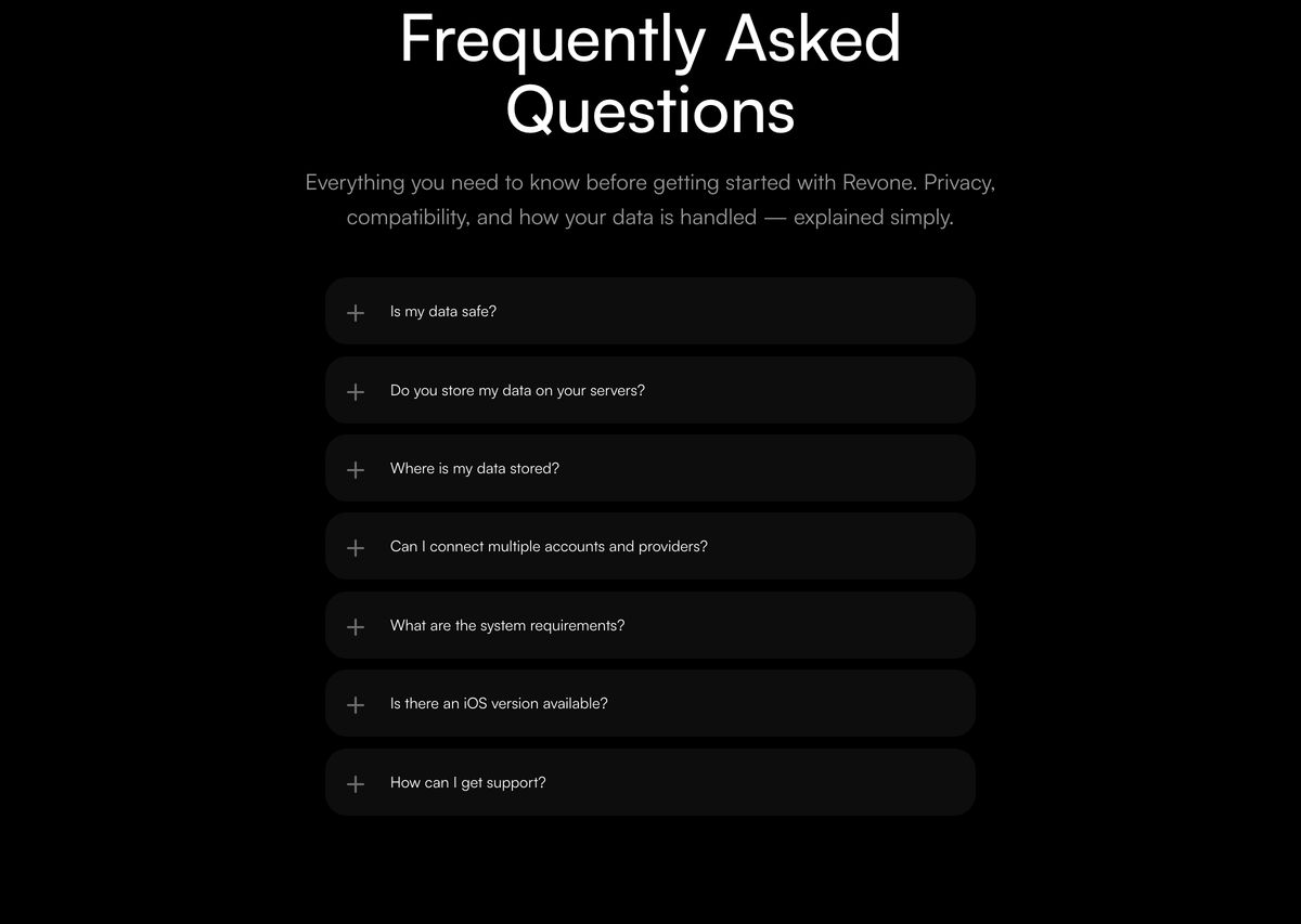 A restrained dark-mode FAQ section featuring stacked pill-shaped accordion rows beneath a centered geometric headline.