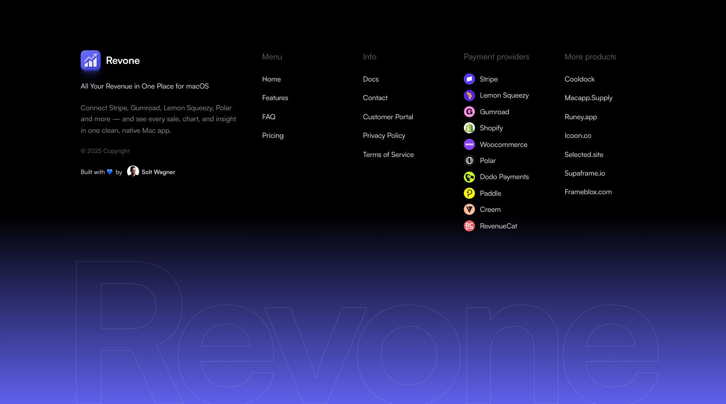 A sleek, dark SaaS footer featuring detailed multi-column links anchored by a massive outlined brand watermark over a gentle purple glow.