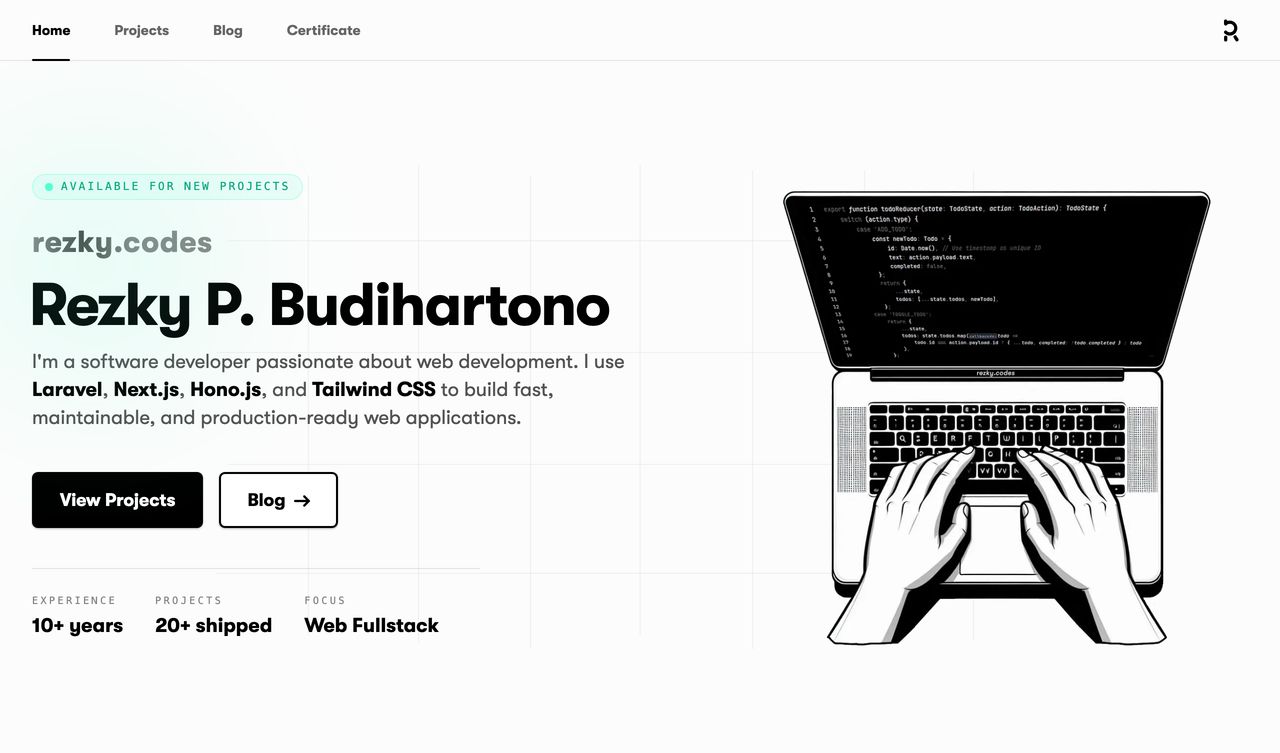 A clean developer portfolio hero featuring subtle background gridlines, fresh mint accents, and a monochrome coding illustration.