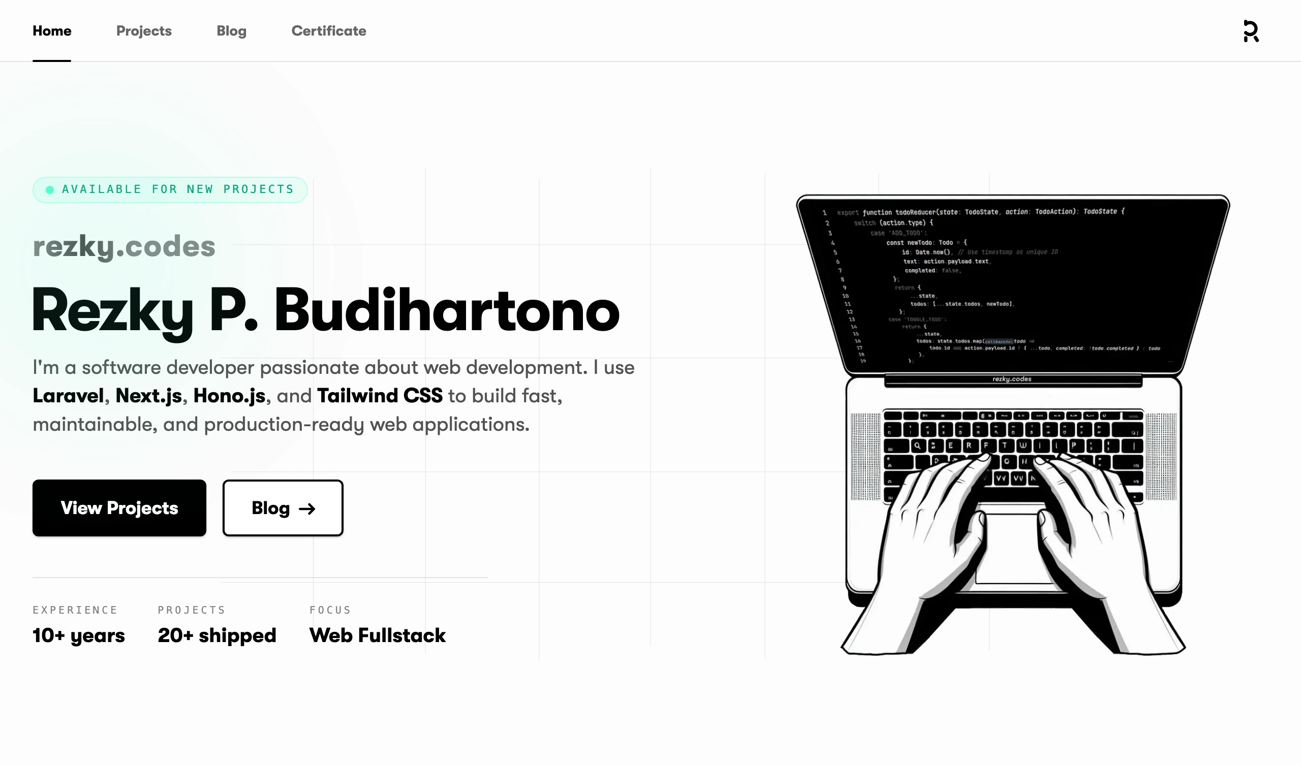 A clean developer portfolio hero featuring subtle background gridlines, fresh mint accents, and a monochrome coding illustration.