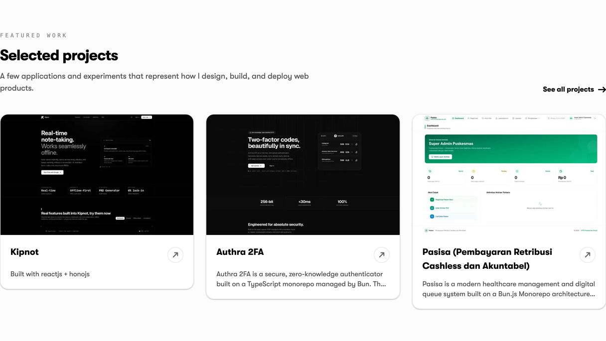 Clean and restrained developer portfolio showcase featuring a three-column grid of software project preview cards.