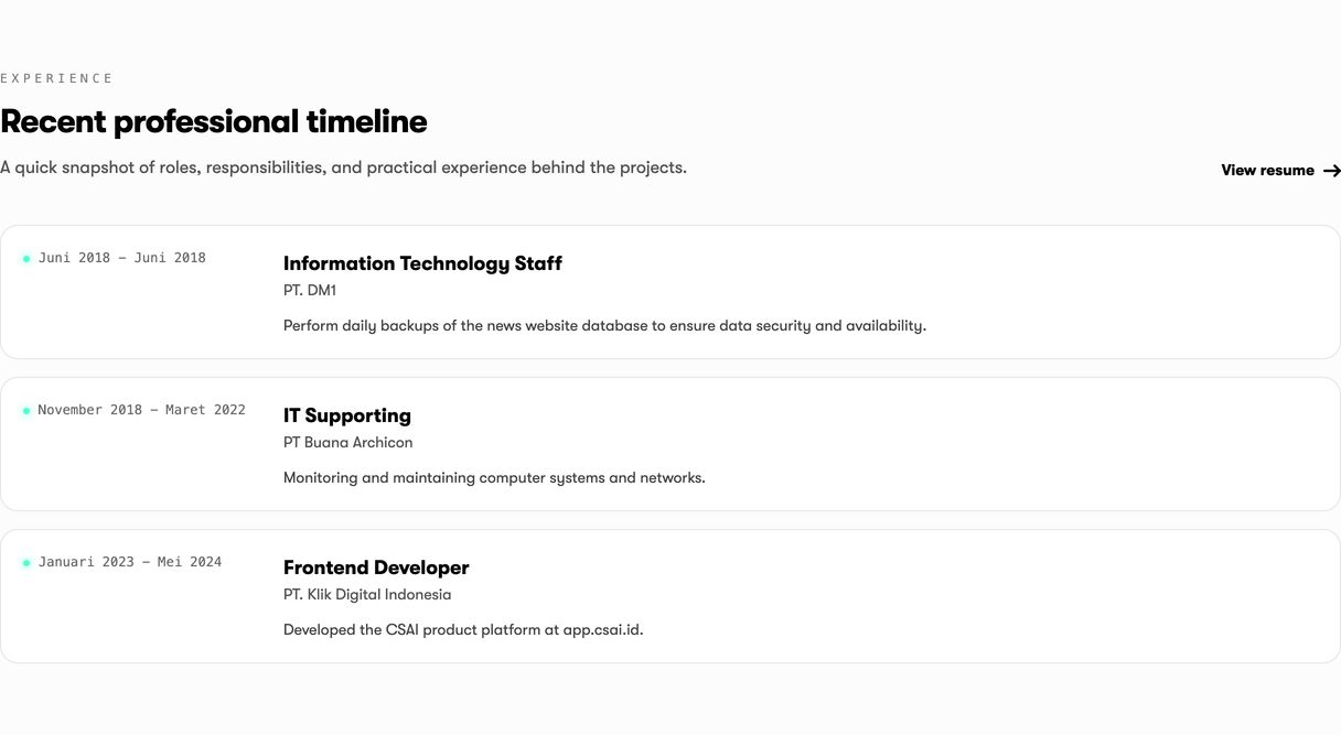 Clean and understated work experience timeline organized into rounded white cards with subtle monospace date labels.