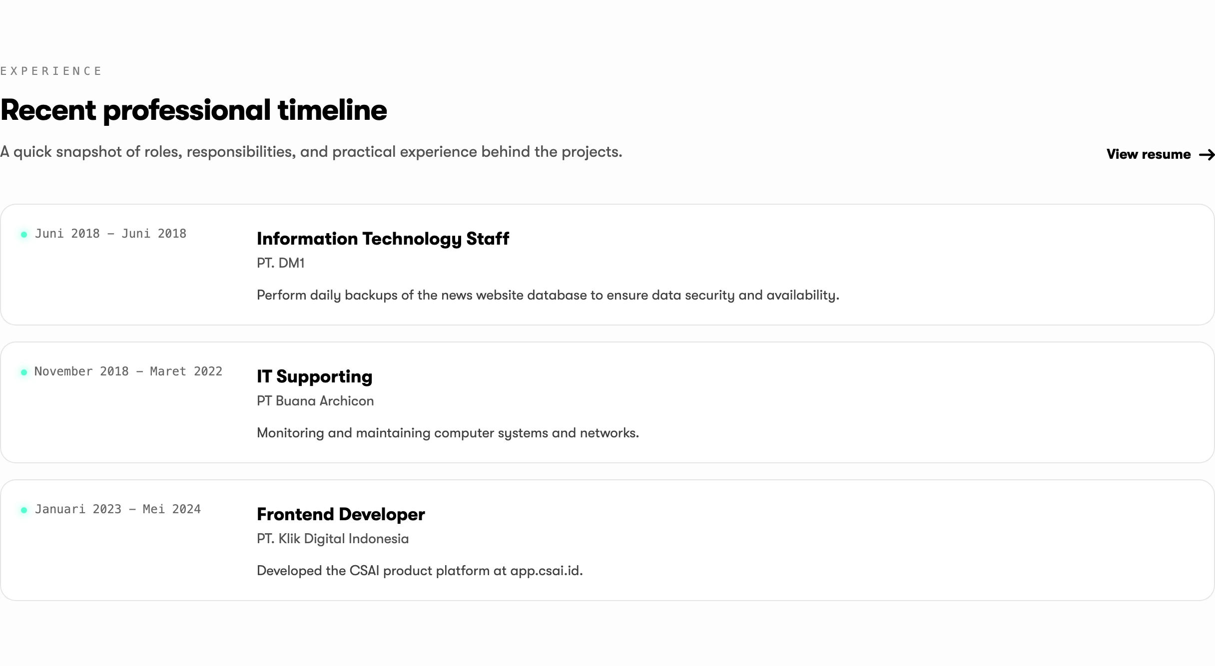 Clean and understated work experience timeline organized into rounded white cards with subtle monospace date labels.