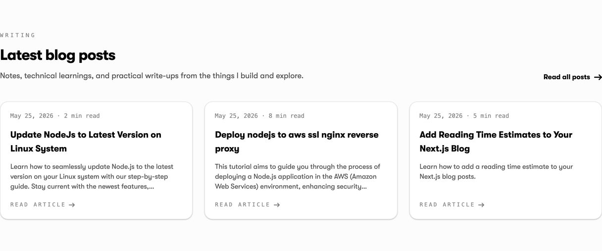 A clean, technical blog showcase featuring rounded cards with crisp typography and subtle monospaced metadata.