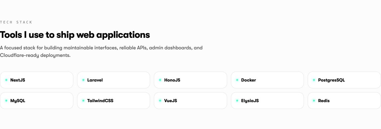 Crisp, utilitarian developer tech stack showcase with light-themed rounded badges featuring glowing status dots.