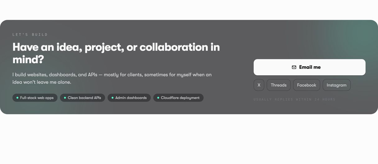 A sleek dark contact banner featuring rounded skill badges and a prominent email callout bathed in a faint teal glow.