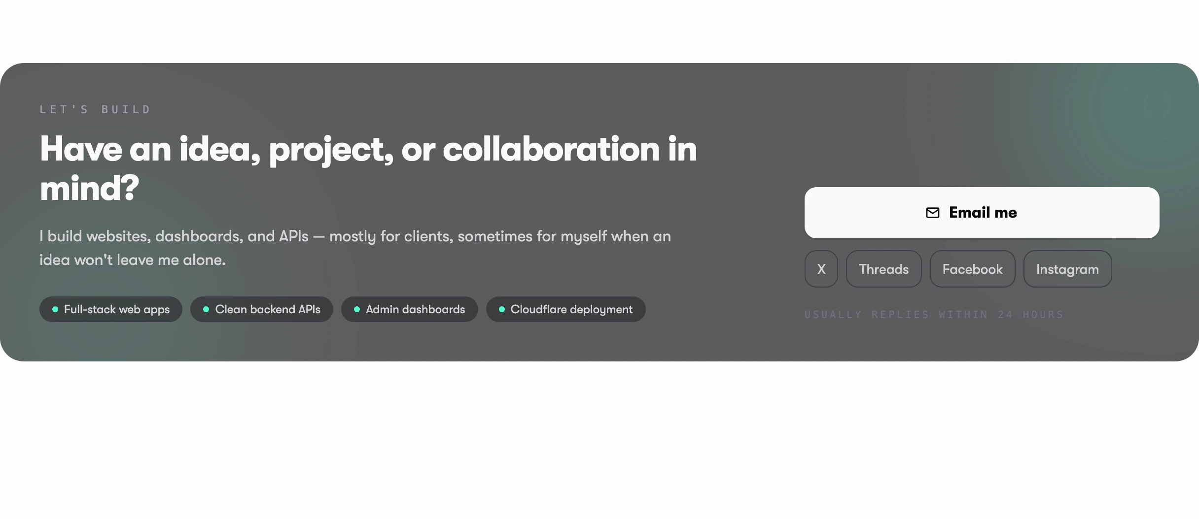 A sleek dark contact banner featuring rounded skill badges and a prominent email callout bathed in a faint teal glow.