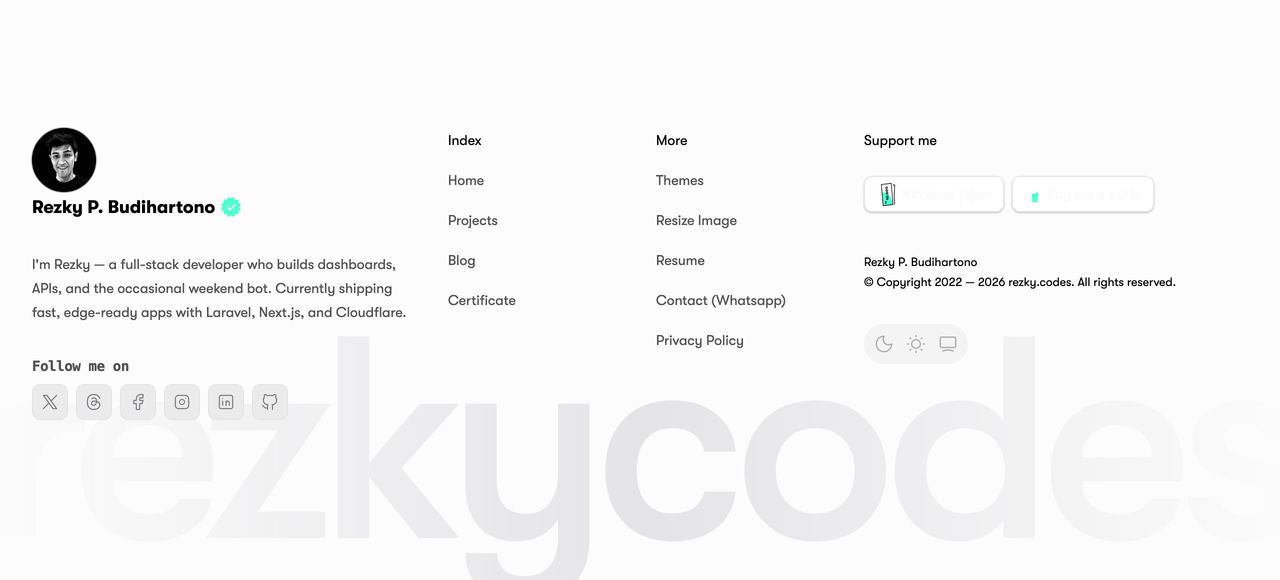 Clean and airy developer portfolio footer grounded by an oversized watermark signature in the background.