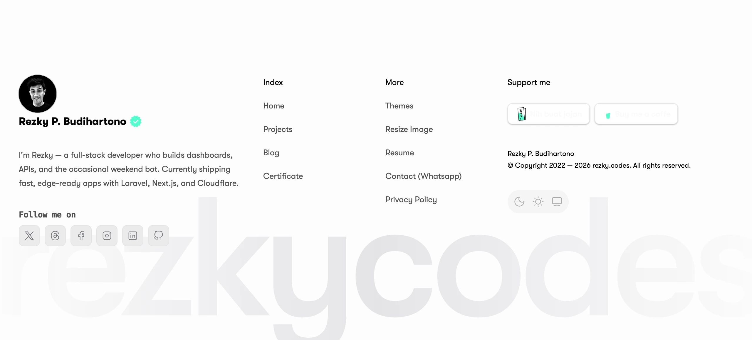 Clean and airy developer portfolio footer grounded by an oversized watermark signature in the background.