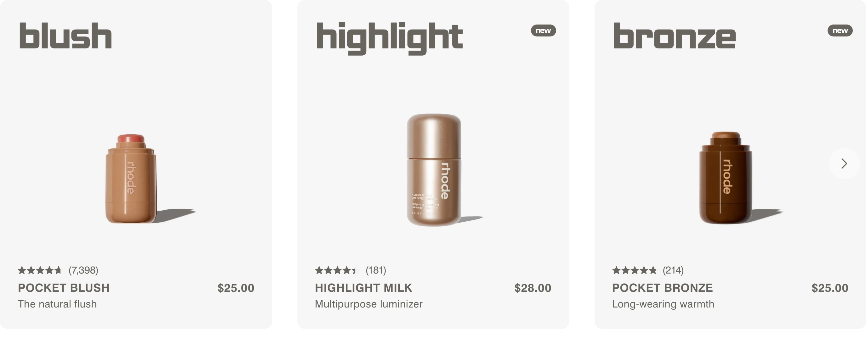 Minimalist skincare product cards defined by muted earth tones, distinctive chunky grotesque typography, and clean studio packshots.