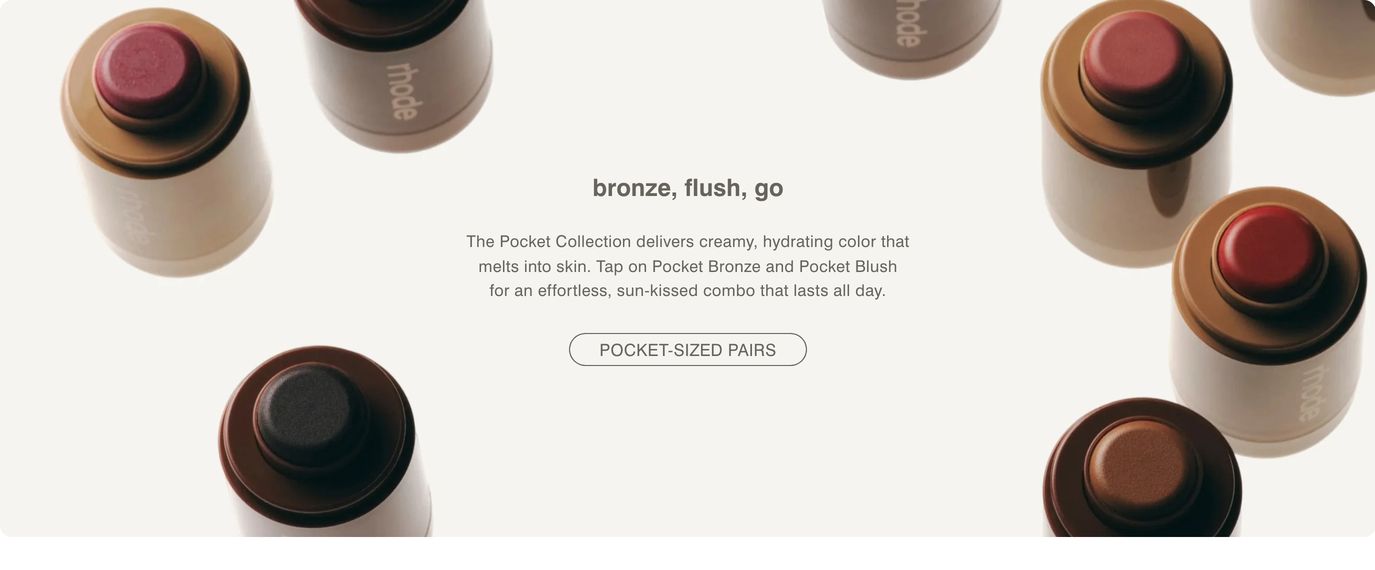 Clean, airy beauty product showcase framed by soft cylindrical makeup sticks radiating around quiet centered typography.