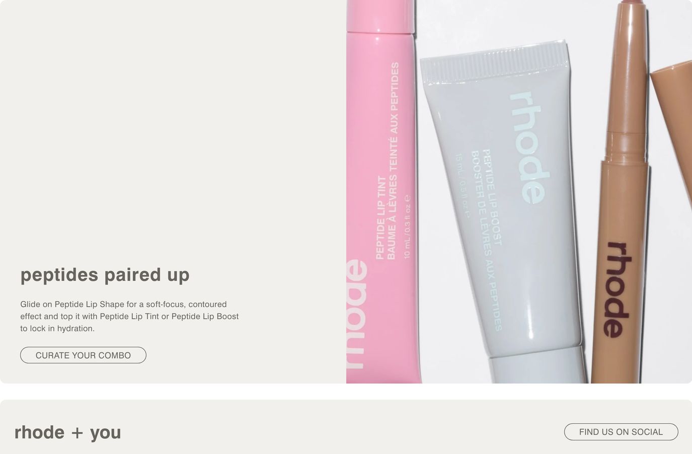 Quiet, minimal skincare feature pairing soft-toned product photography with lowercased sans-serif typography and pill buttons.