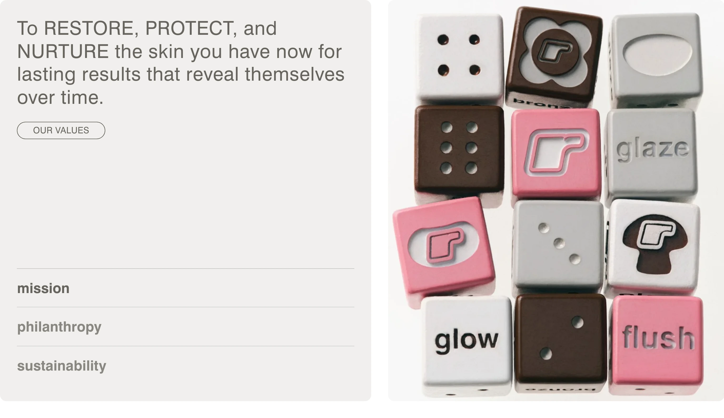 Softly muted values section pairing warm neutral typography and interactive tabs with playful, tactile branded product dice.