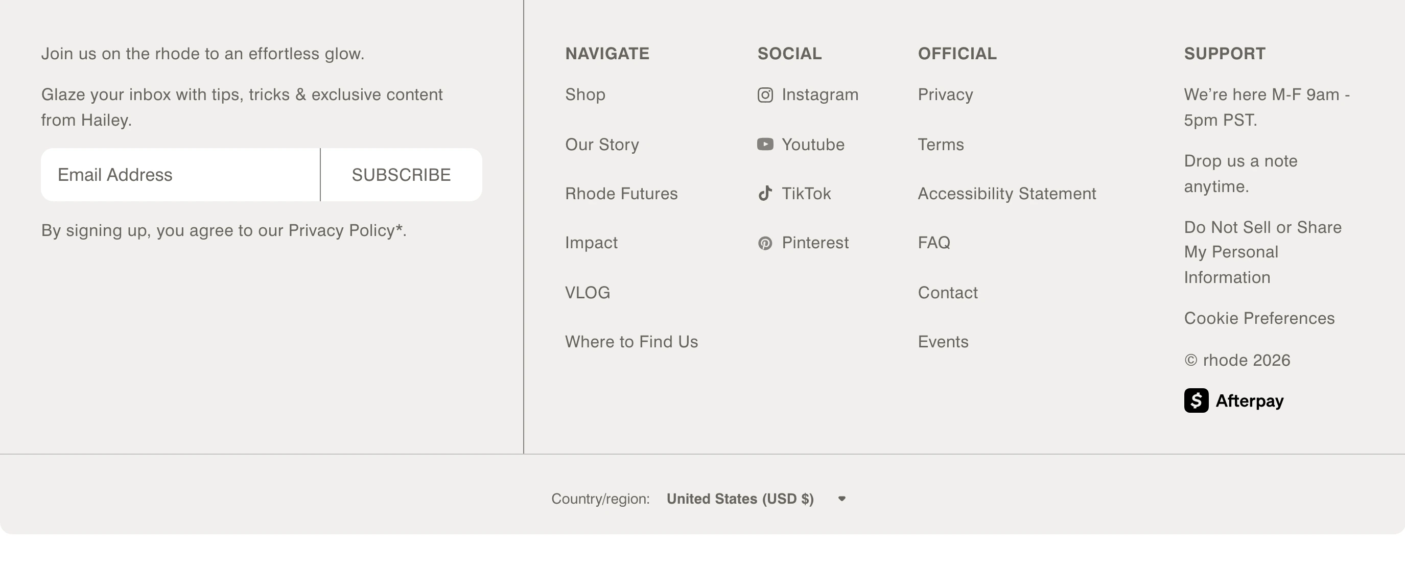 Soft, muted e-commerce footer structured with a delicate divider separating newsletter signup from minimalist navigation columns.
