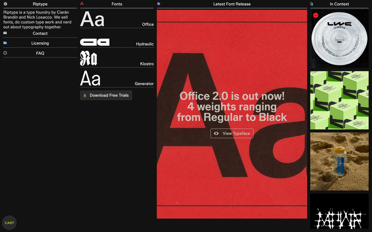 A structured multi-column foundry index with stark dark contrast, strict grid divisions, and a bold red specimen poster.