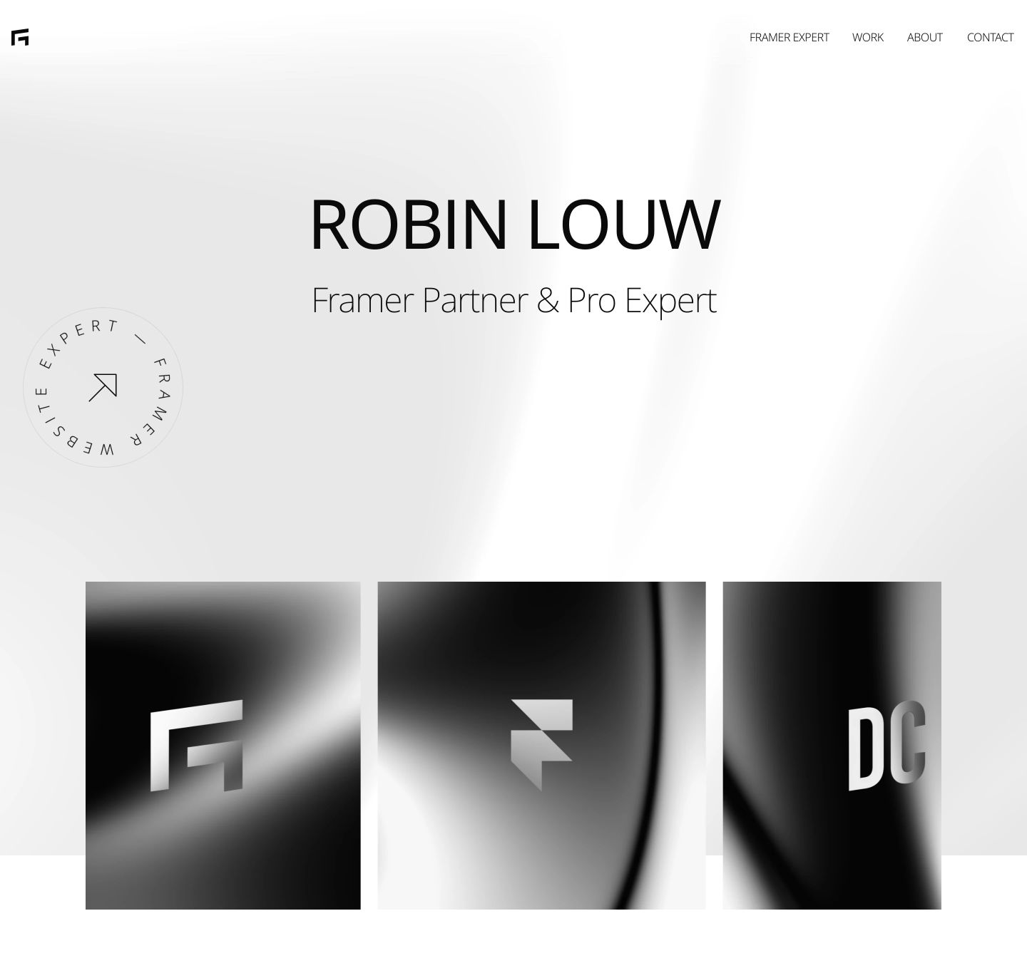 A luminous, monochromatic portfolio hero with delicate ambient lighting, restrained typography, and polished abstract showcase cards.