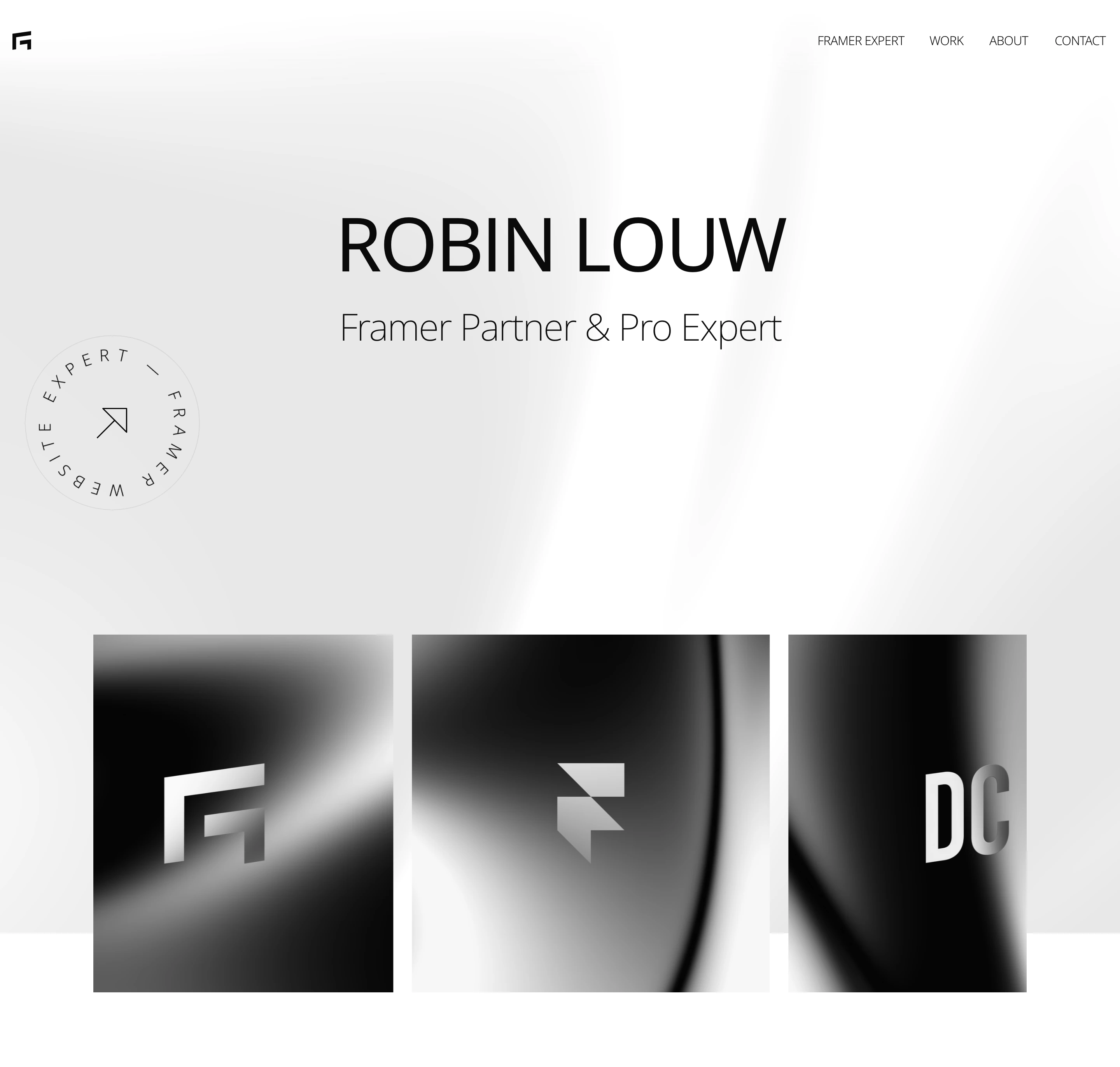 A luminous, monochromatic portfolio hero with delicate ambient lighting, restrained typography, and polished abstract showcase cards.