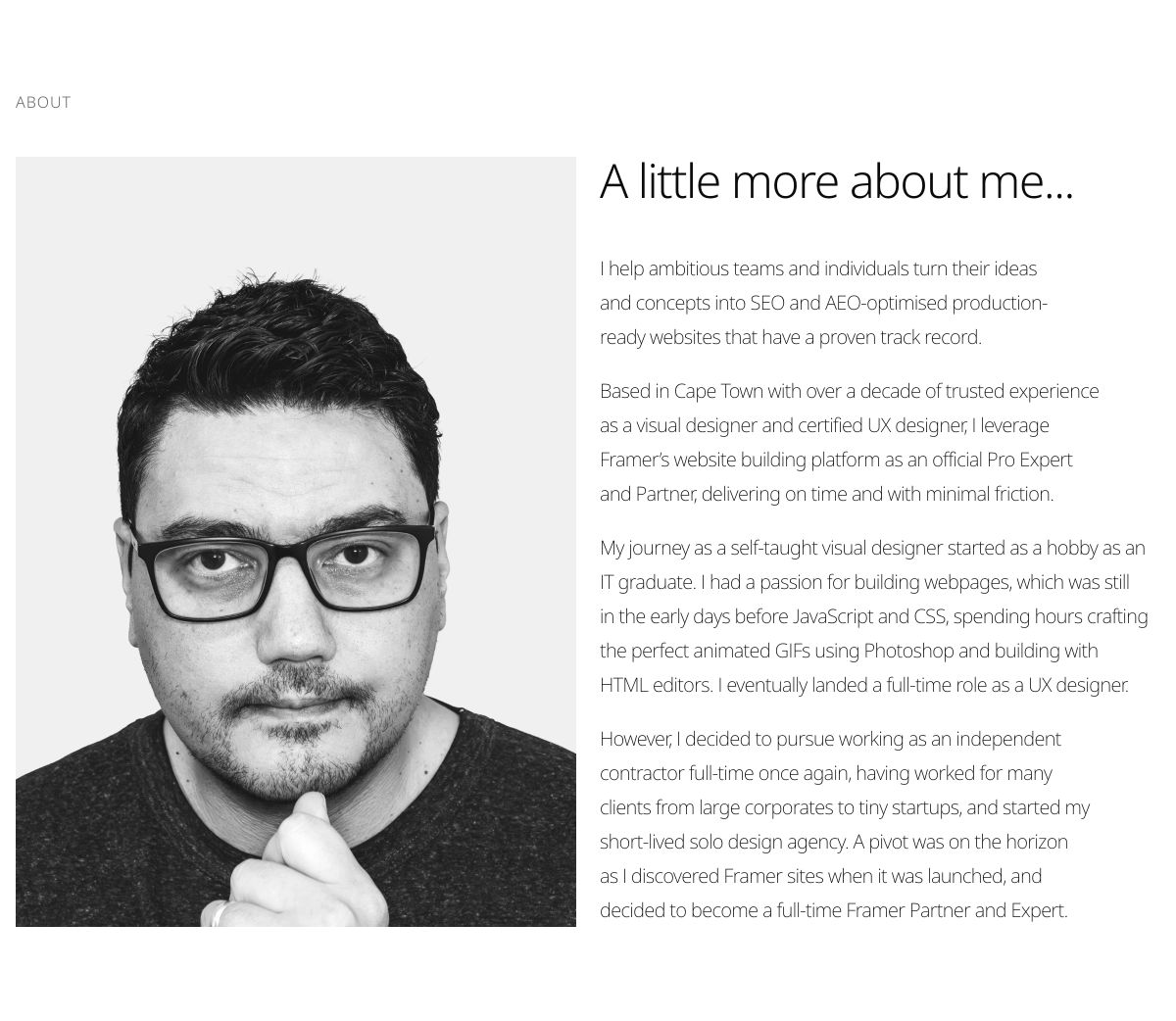 Minimal monochrome portfolio bio with a stark black-and-white portrait balanced against airy personal narrative copy.