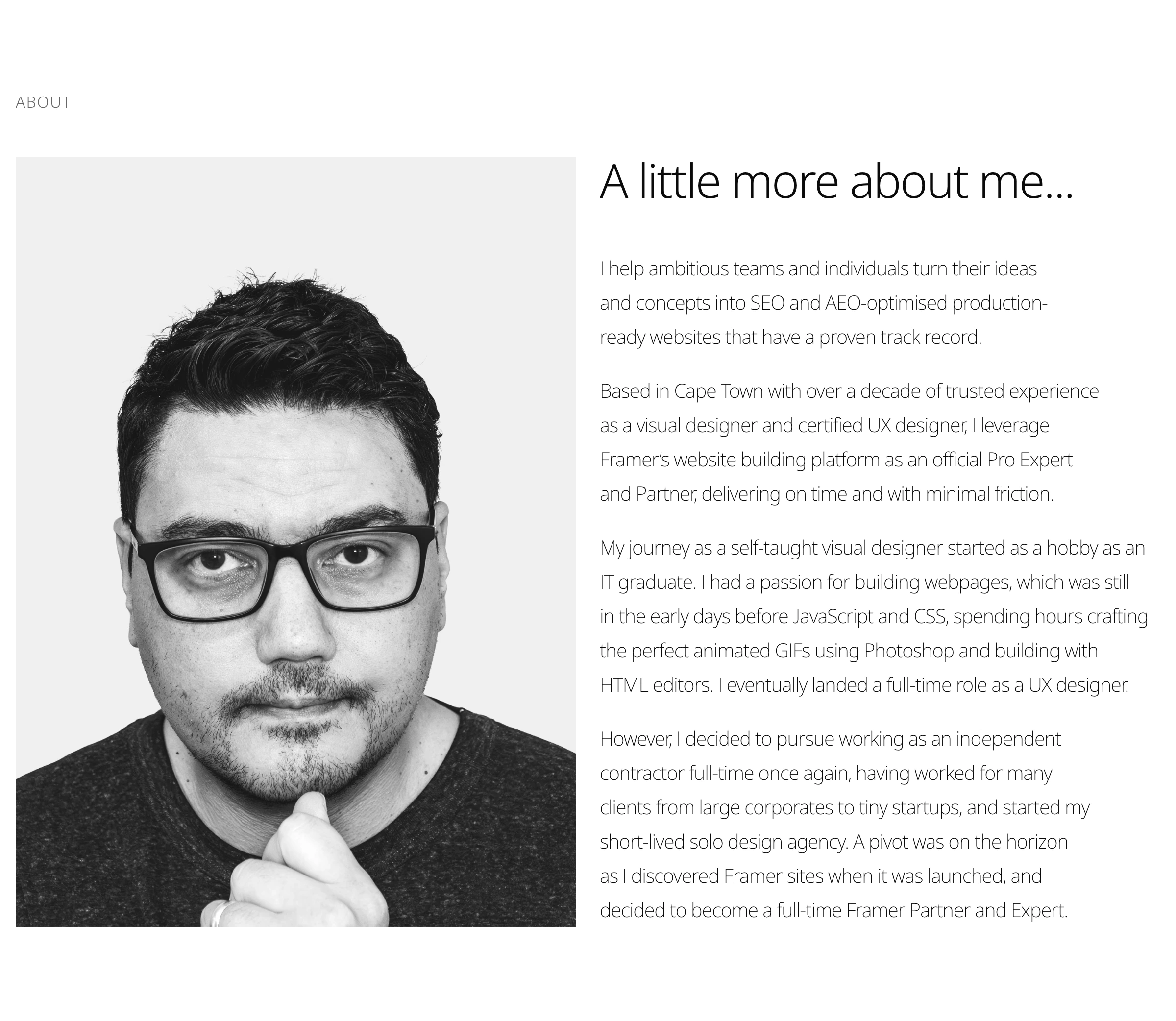 Minimal monochrome portfolio bio with a stark black-and-white portrait balanced against airy personal narrative copy.