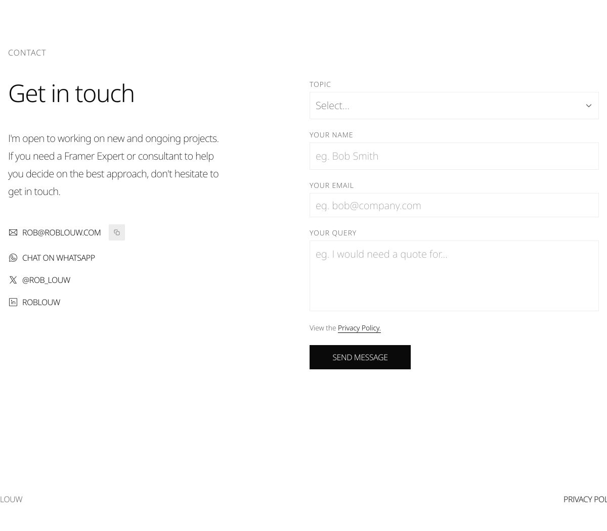Sparse and clinical monochrome contact section featuring an airy split layout and minimalist line inputs.