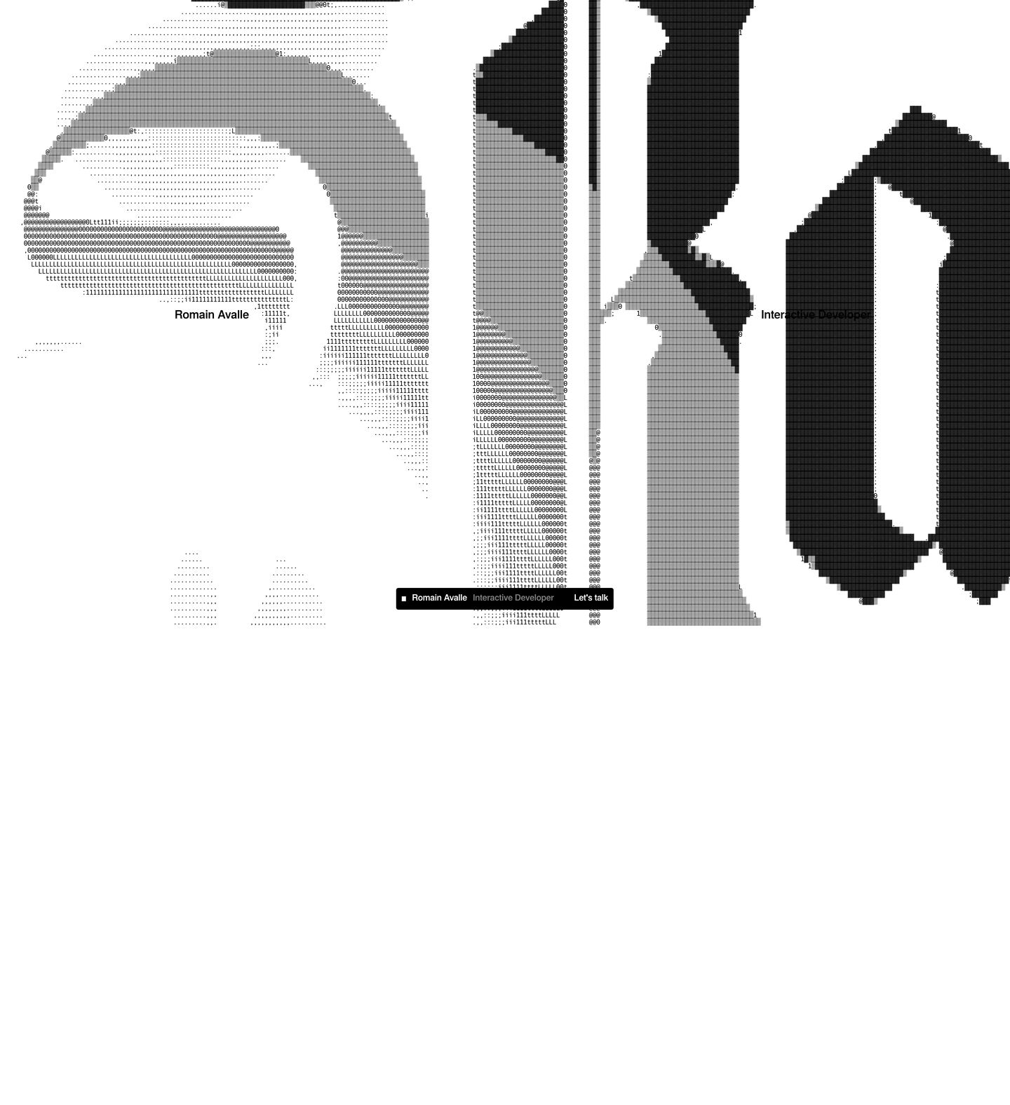 A raw, experimental ascii-art graphic hero with fractured typography creating a glitchy, hacker-like digital atmosphere.