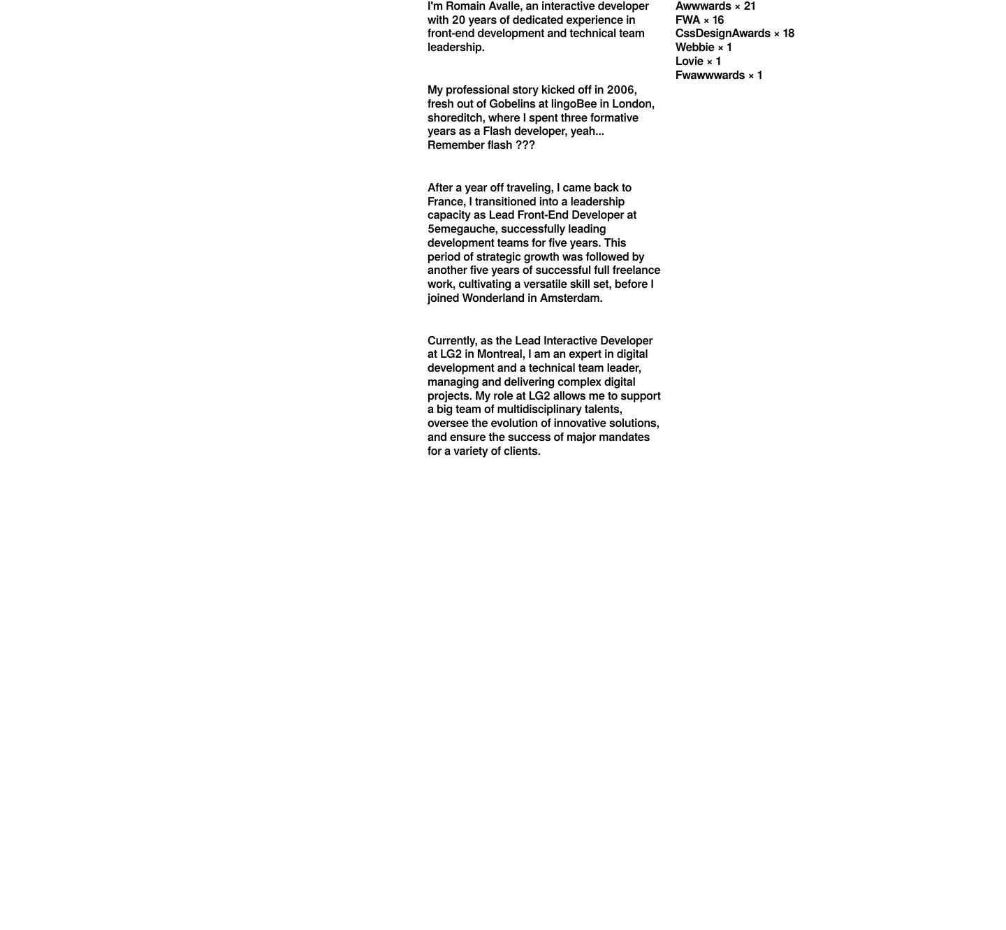 Stark, utilitarian editorial biography set in crisp monochrome typography against vast negative space.