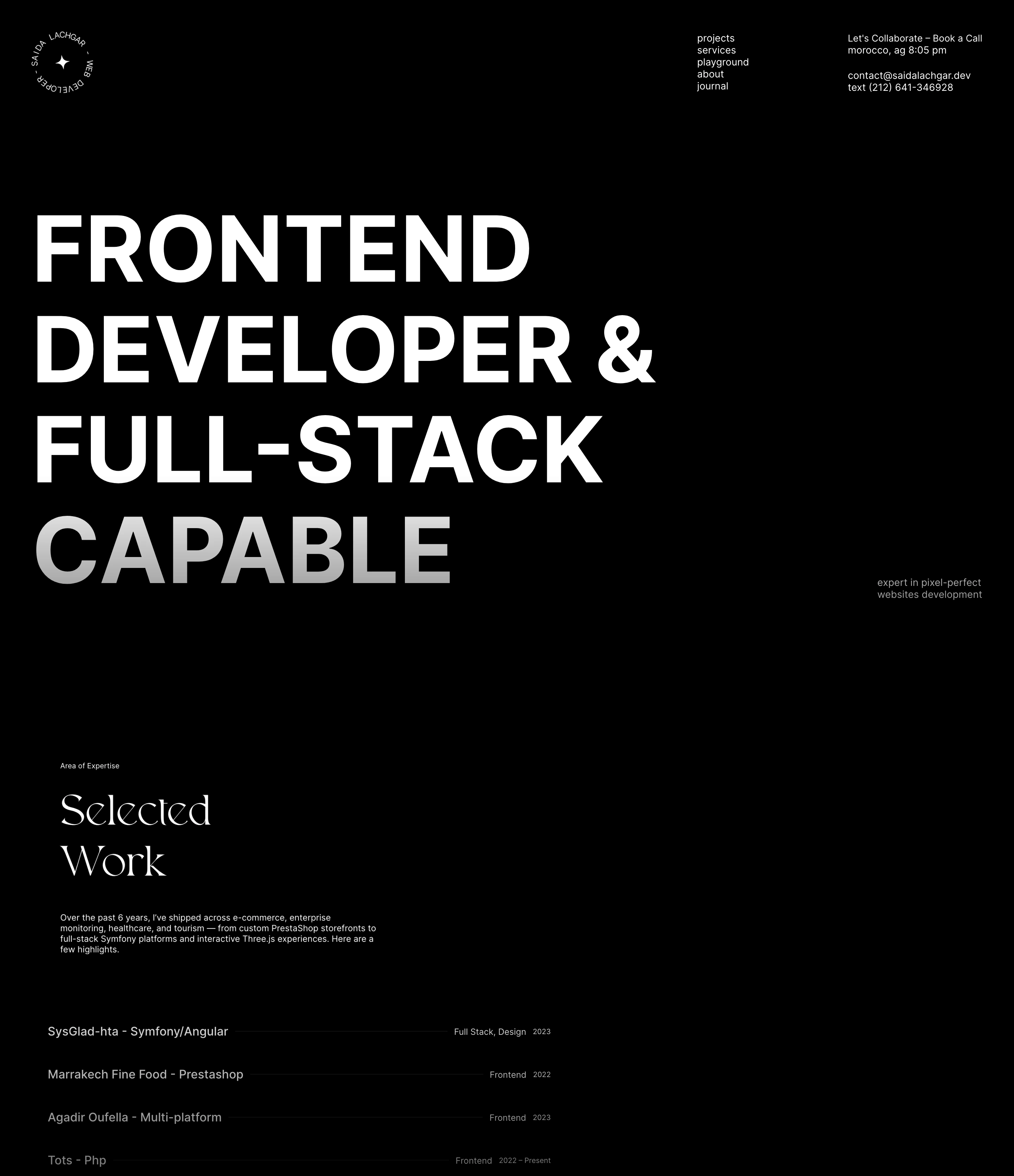Stark black portfolio hero featuring massive uppercase grotesque typography contrasted against delicate serif accents and an expansive, minimal layout.