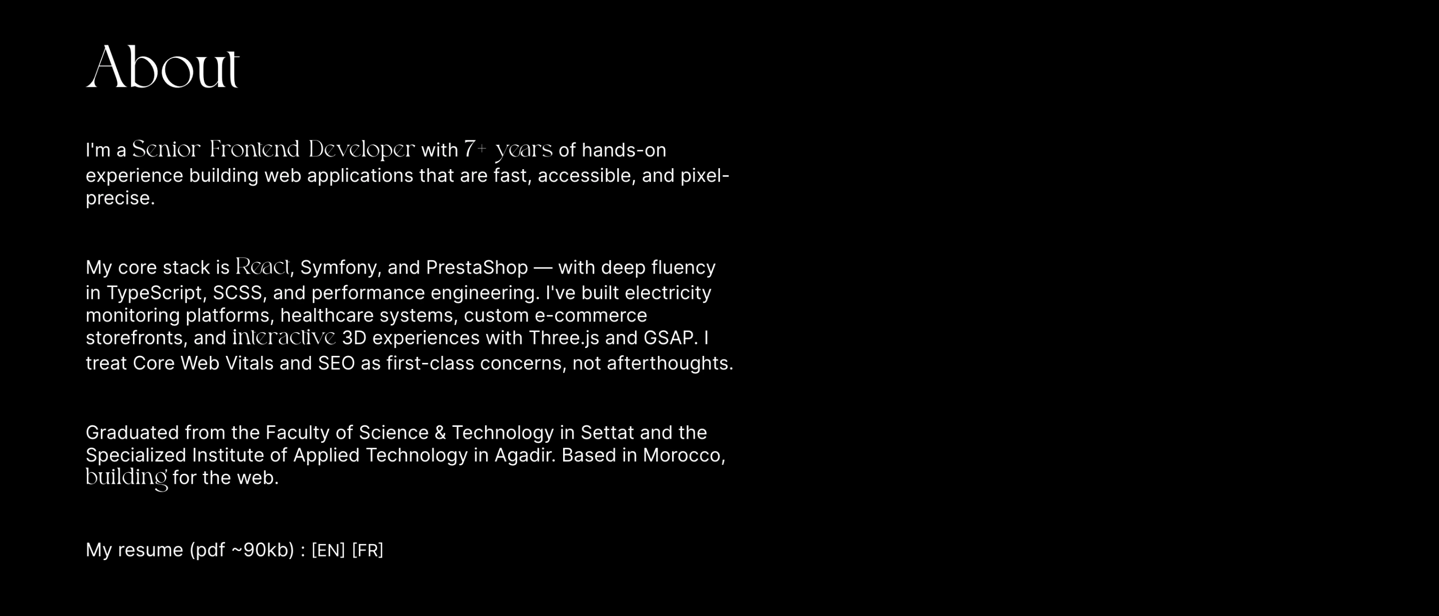 A quiet, stark black bio section elevated by elegant serif words woven into crisp sans-serif body copy.