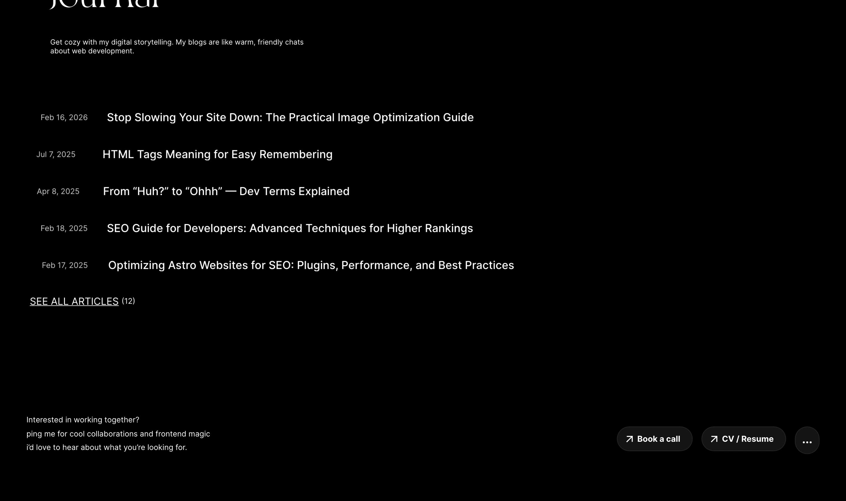 Austere, pitch-black journal index floating in deep negative space with high-contrast minimalist typography.