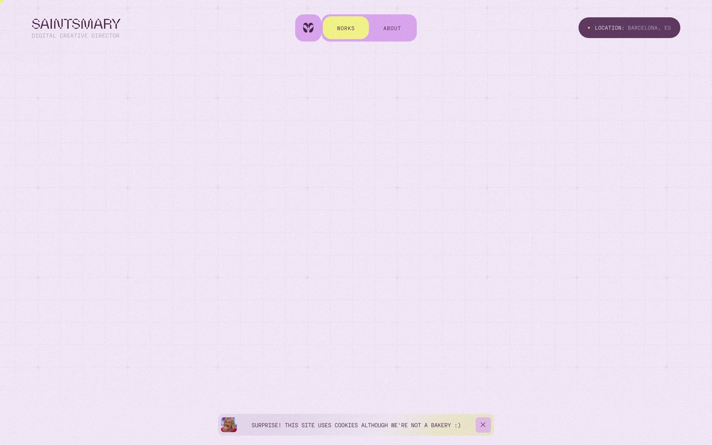 An expansive, airy pastel lavender canvas framed by playful pill-shaped navigation elements and a faint subtle coordinate grid.