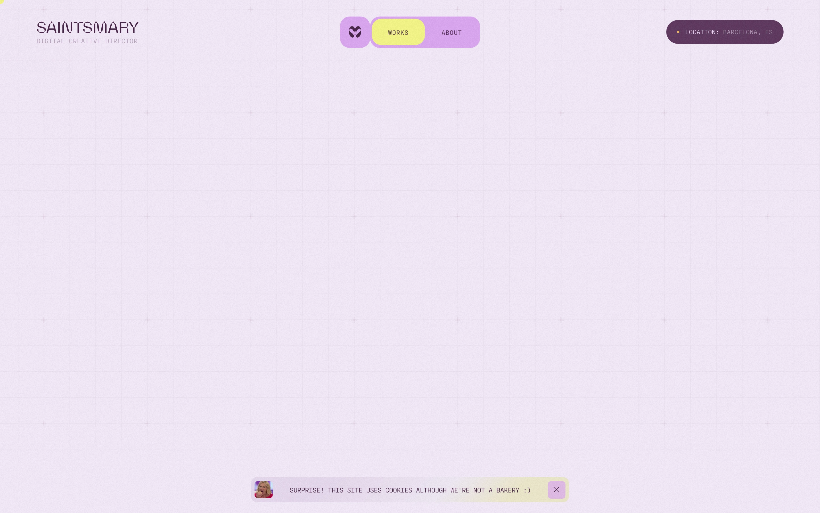 An expansive, airy pastel lavender canvas framed by playful pill-shaped navigation elements and a faint subtle coordinate grid.