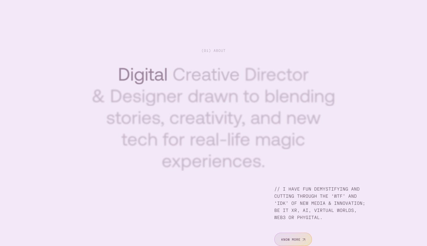 Soft lilac statement section balancing a centered display headline with offset monospace commentary and a subtle gradient pill CTA.