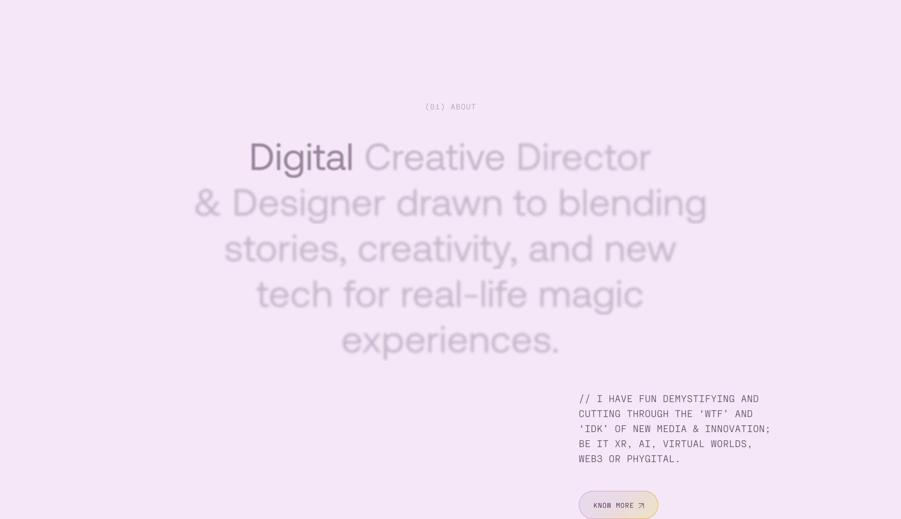 Soft lilac statement section balancing a centered display headline with offset monospace commentary and a subtle gradient pill CTA.