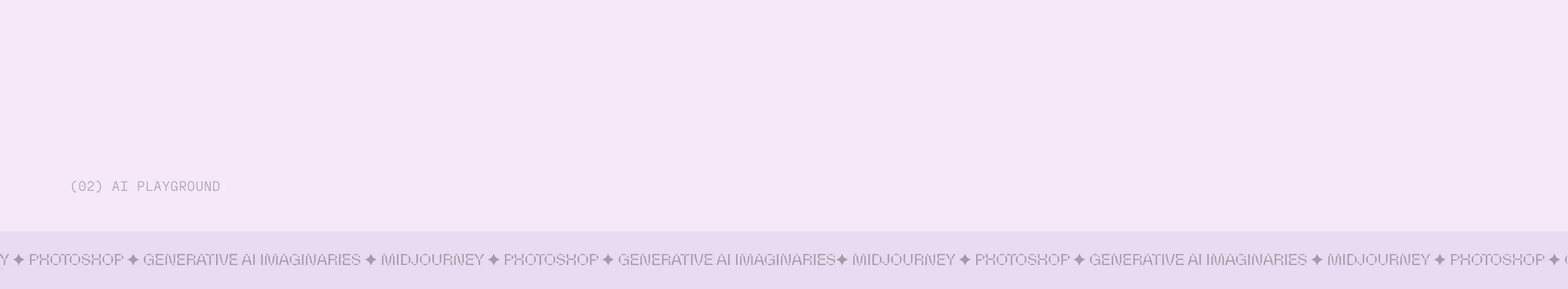Pale lilac transitional section featuring a subtle section index tag and a pixelated looping ticker ribbon along the bottom edge.