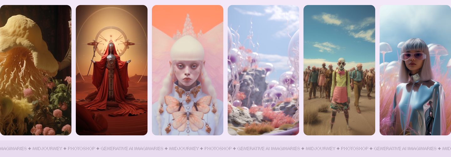 Soft lavender showcase ribbon filled with surreal, fantastical character art cards underscored by a delicate typographic ticker.