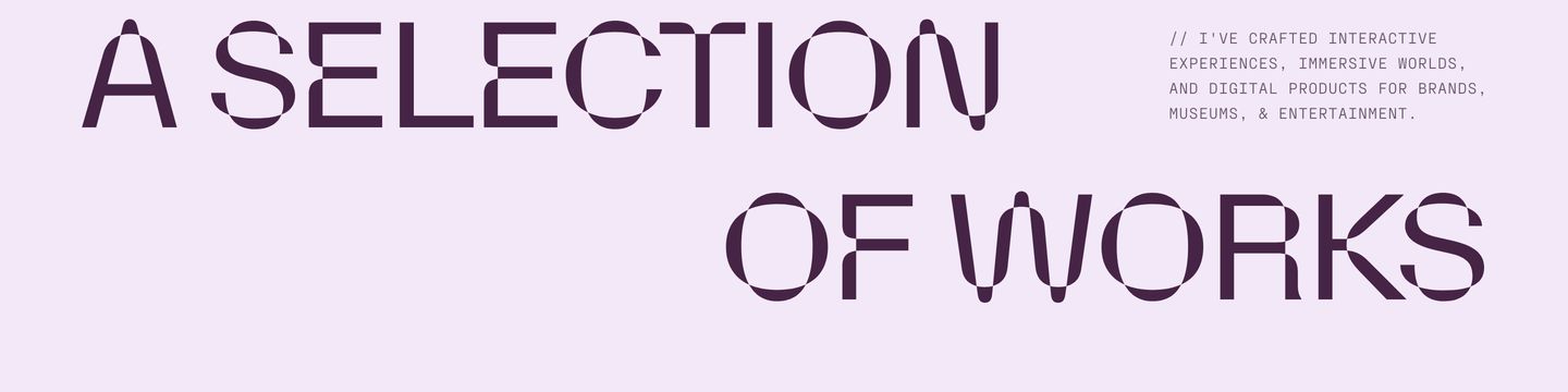 An airy portfolio section header animated by optically distorted display lettering alongside crisp monospace intro copy.
