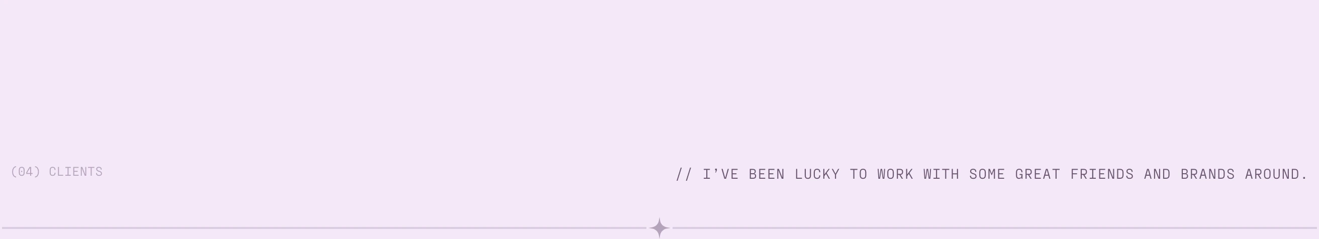 Quiet pastel transition section using split monospace captions and an airy delicate divider line.