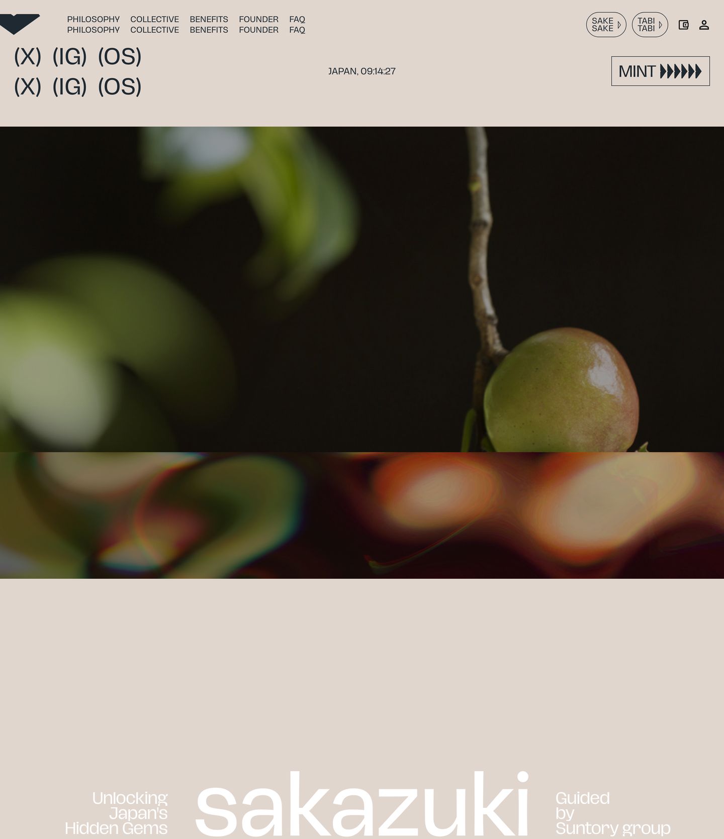 Grounded editorial hero pairing earthy ceramic tones and organic macro photography with kinetic brutalist typography.