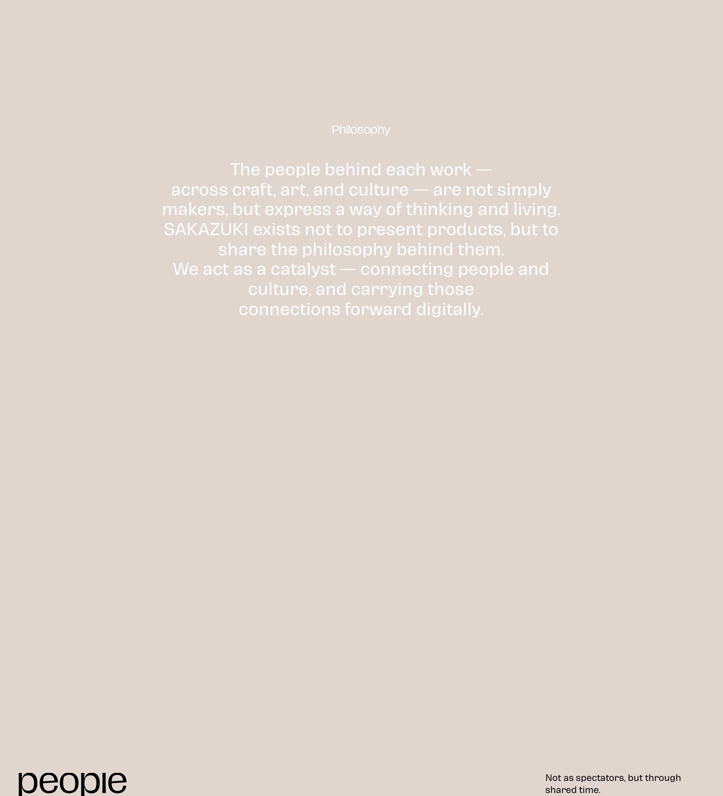 A quiet, contemplative field of warm beige where centered white text invites a slow, meditative read before revealing the section title below.