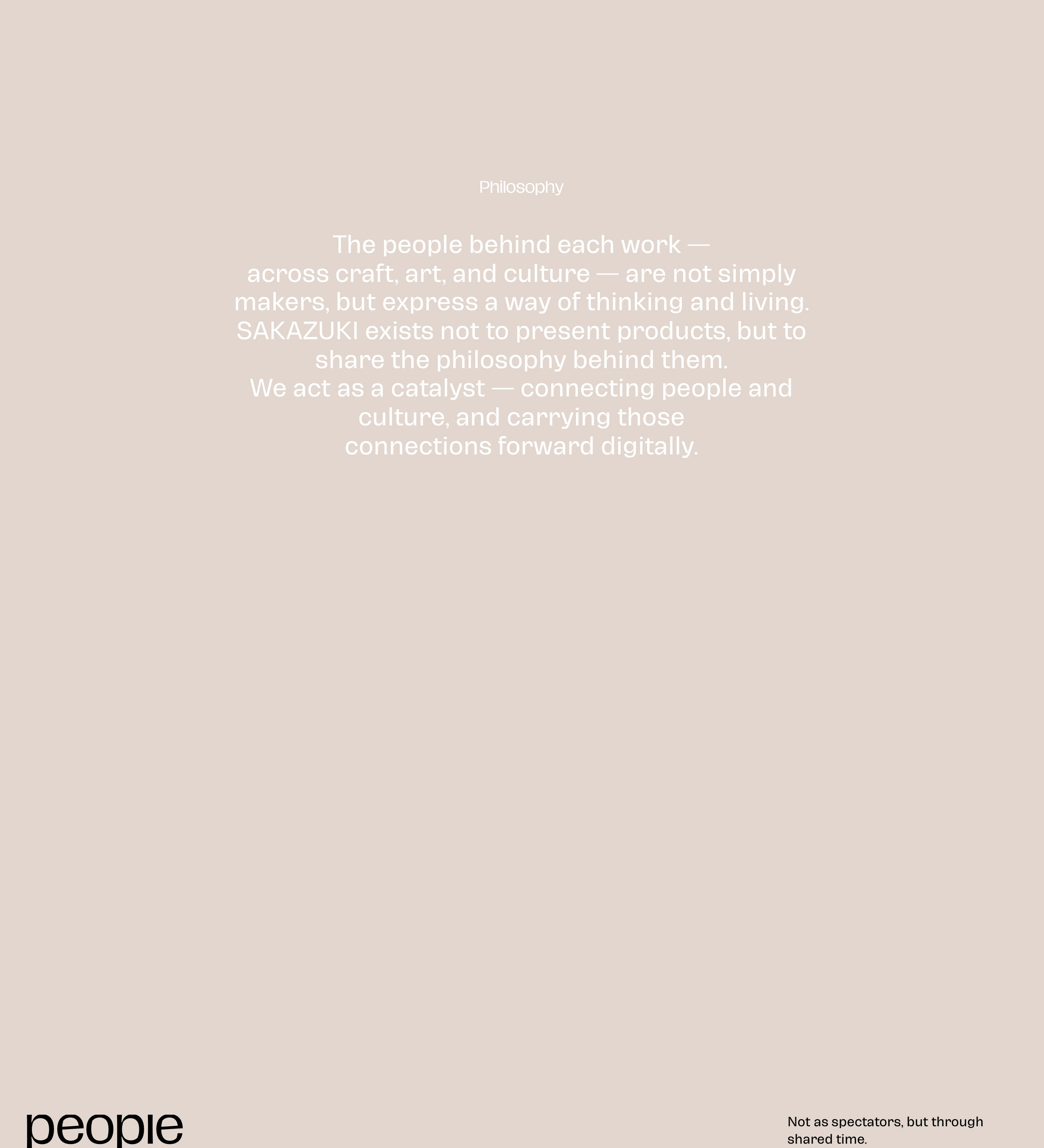 A quiet, contemplative field of warm beige where centered white text invites a slow, meditative read before revealing the section title below.