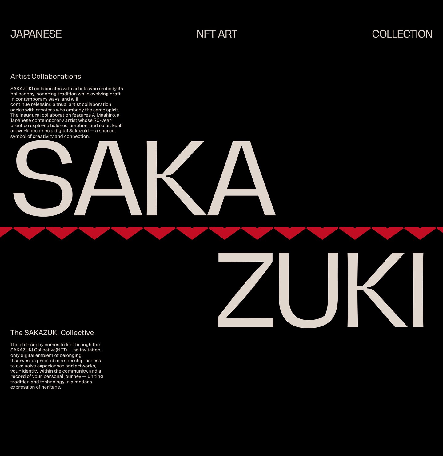 Monumental split typography anchors a stark, black-and-cream editorial statement divided by a sharp crimson geometric ribbon.