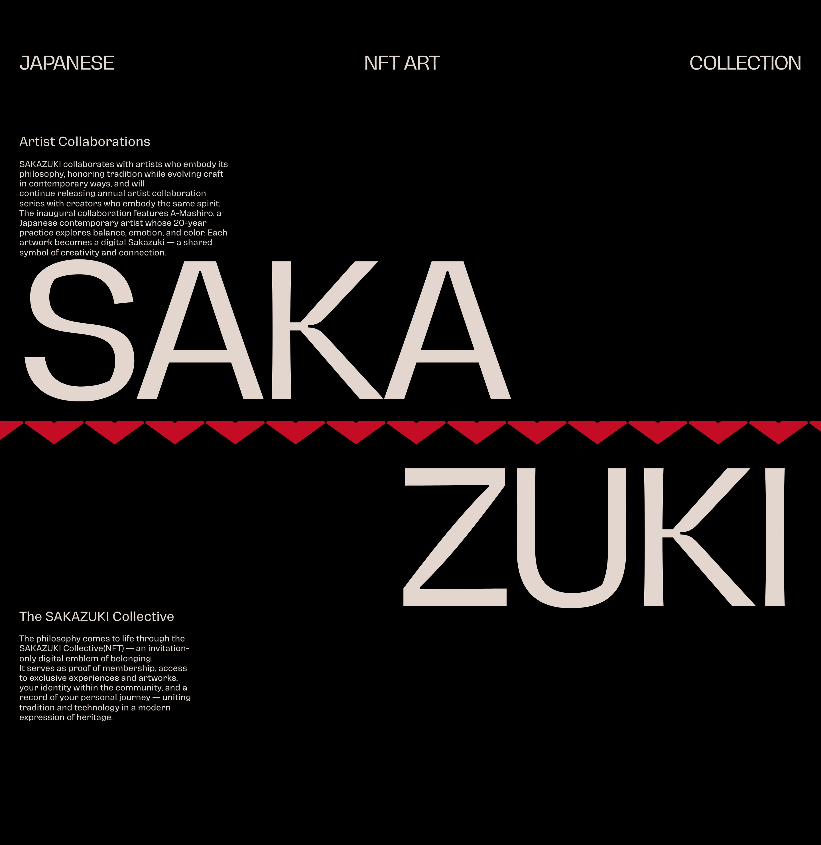 Monumental split typography anchors a stark, black-and-cream editorial statement divided by a sharp crimson geometric ribbon.