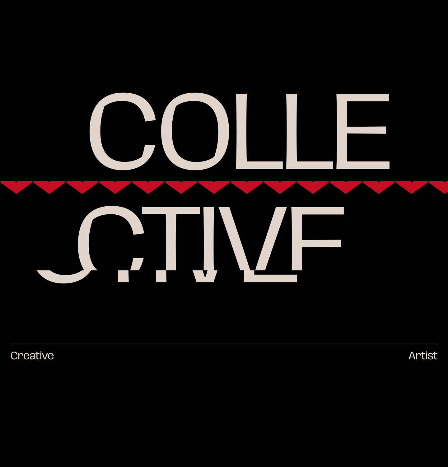 Raw, fractured typography slices across stark black space with a bold geometric red divider.