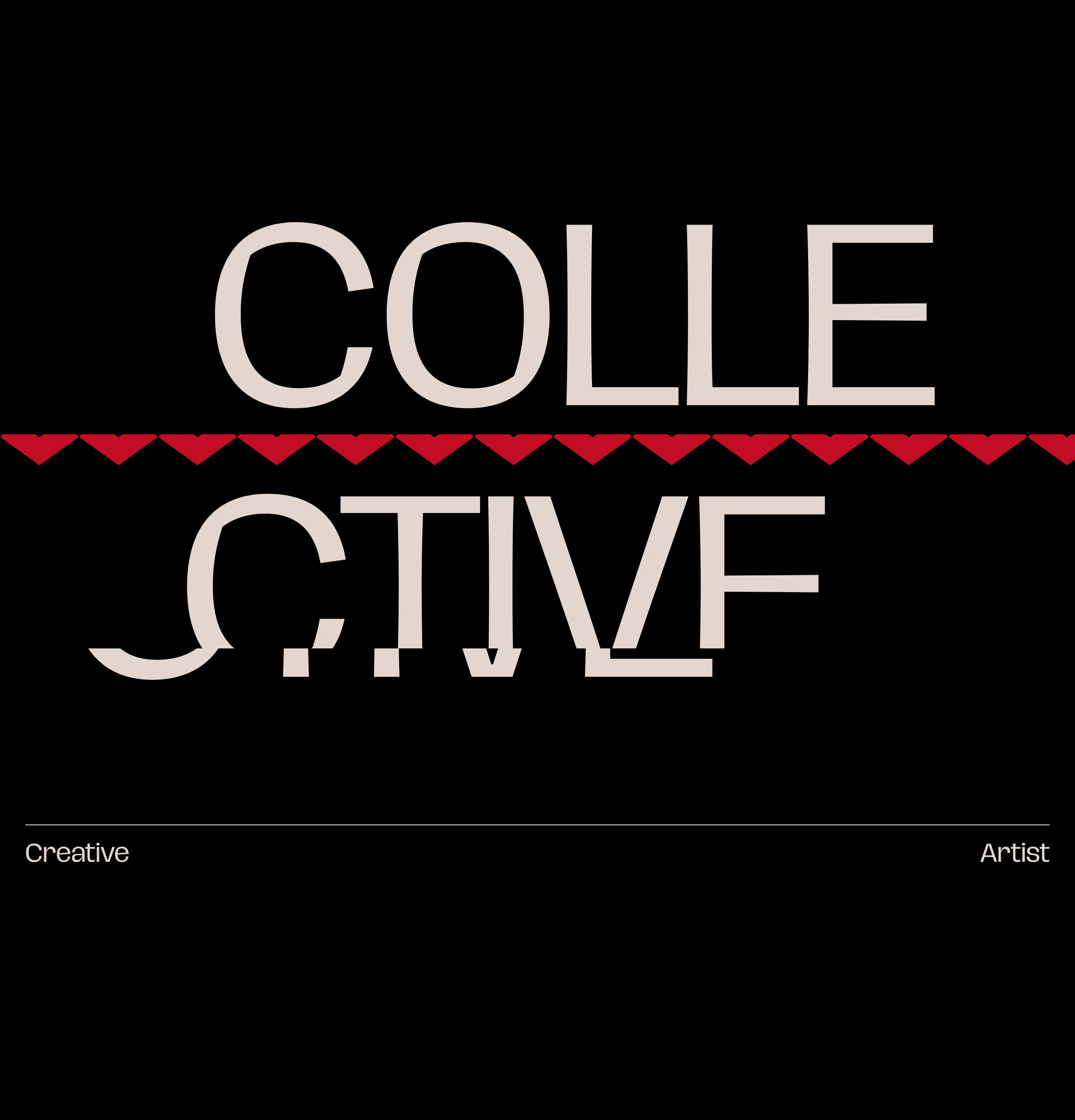 Raw, fractured typography slices across stark black space with a bold geometric red divider.