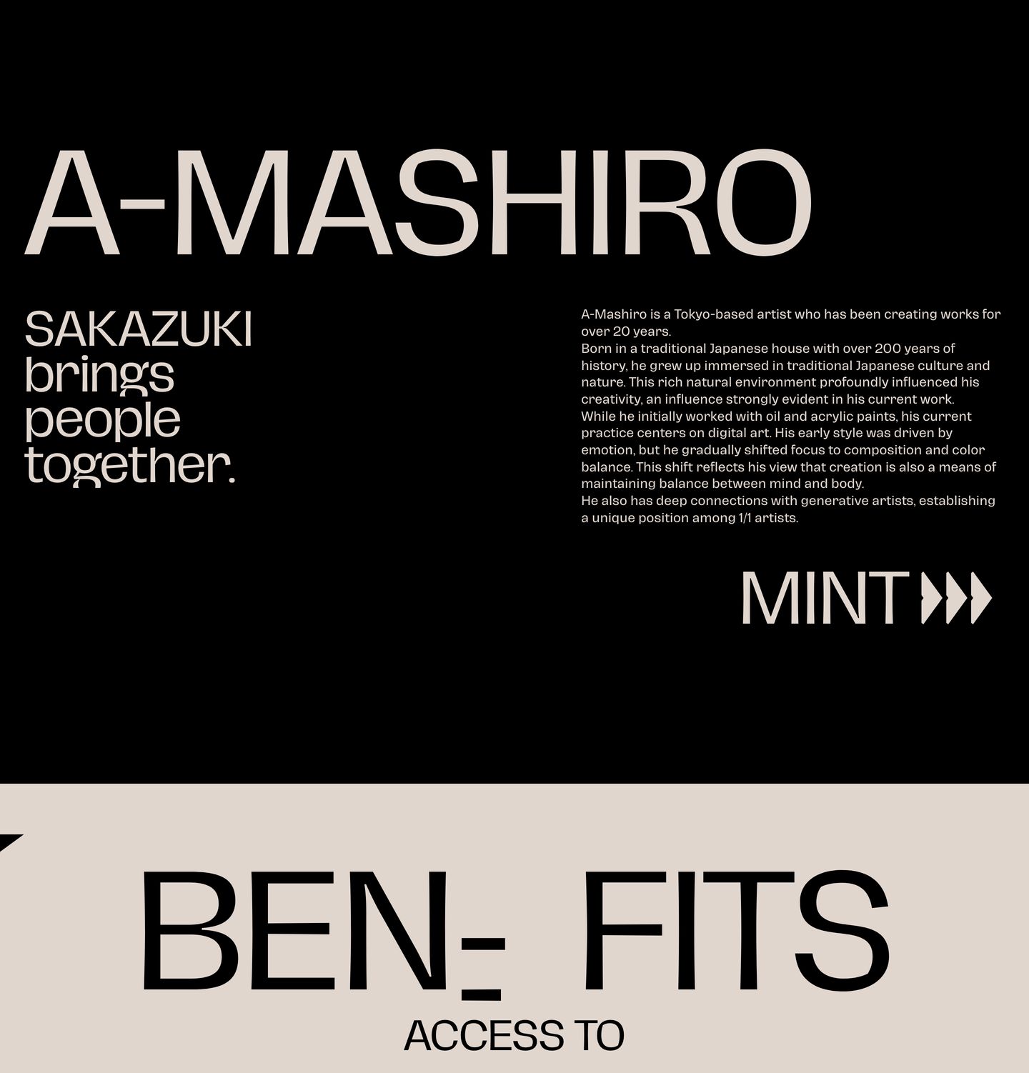 Monochrome, stark brutalist artist bio driven by monumental sans typography and a stark black backdrop.