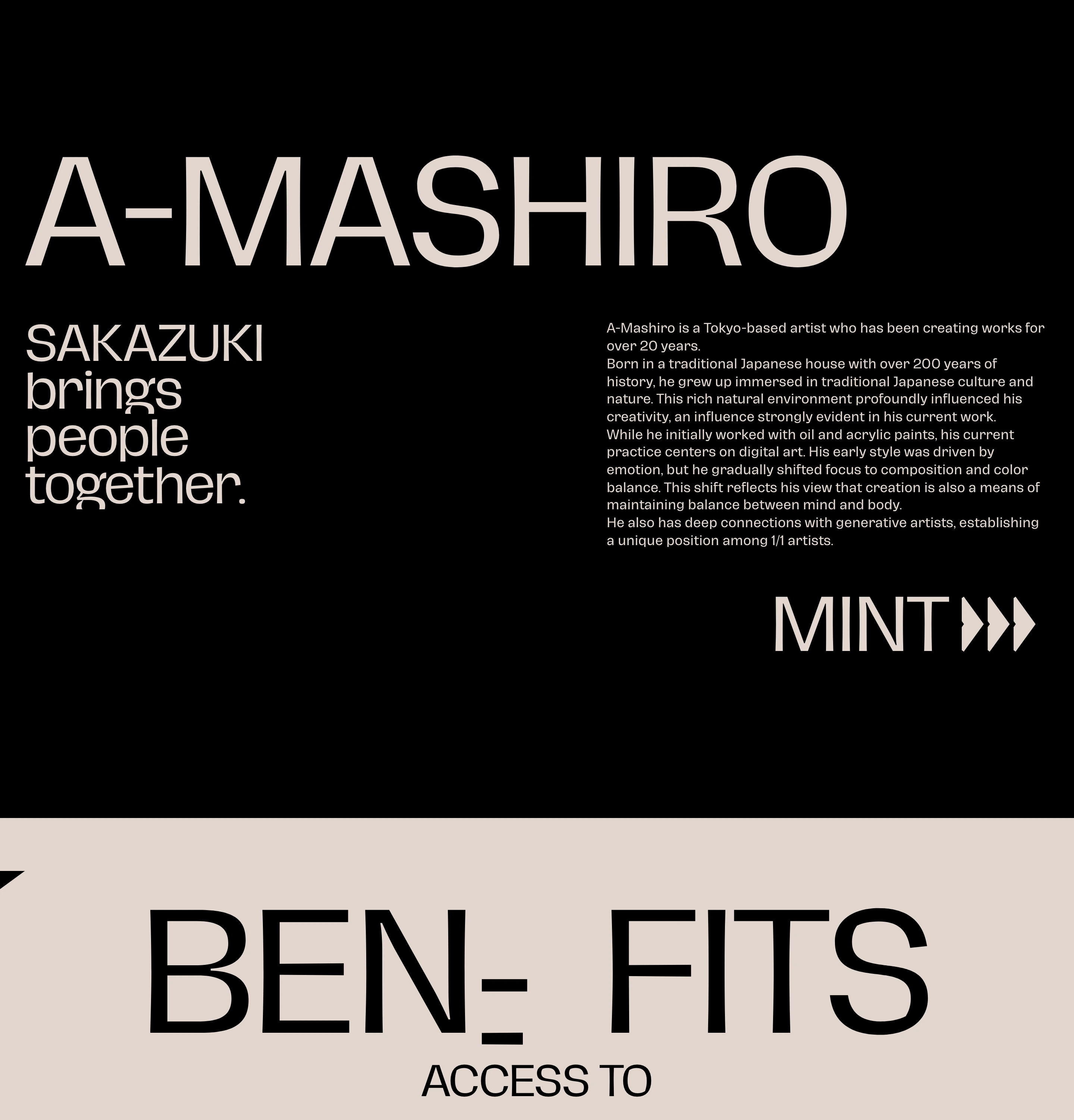 Monochrome, stark brutalist artist bio driven by monumental sans typography and a stark black backdrop.