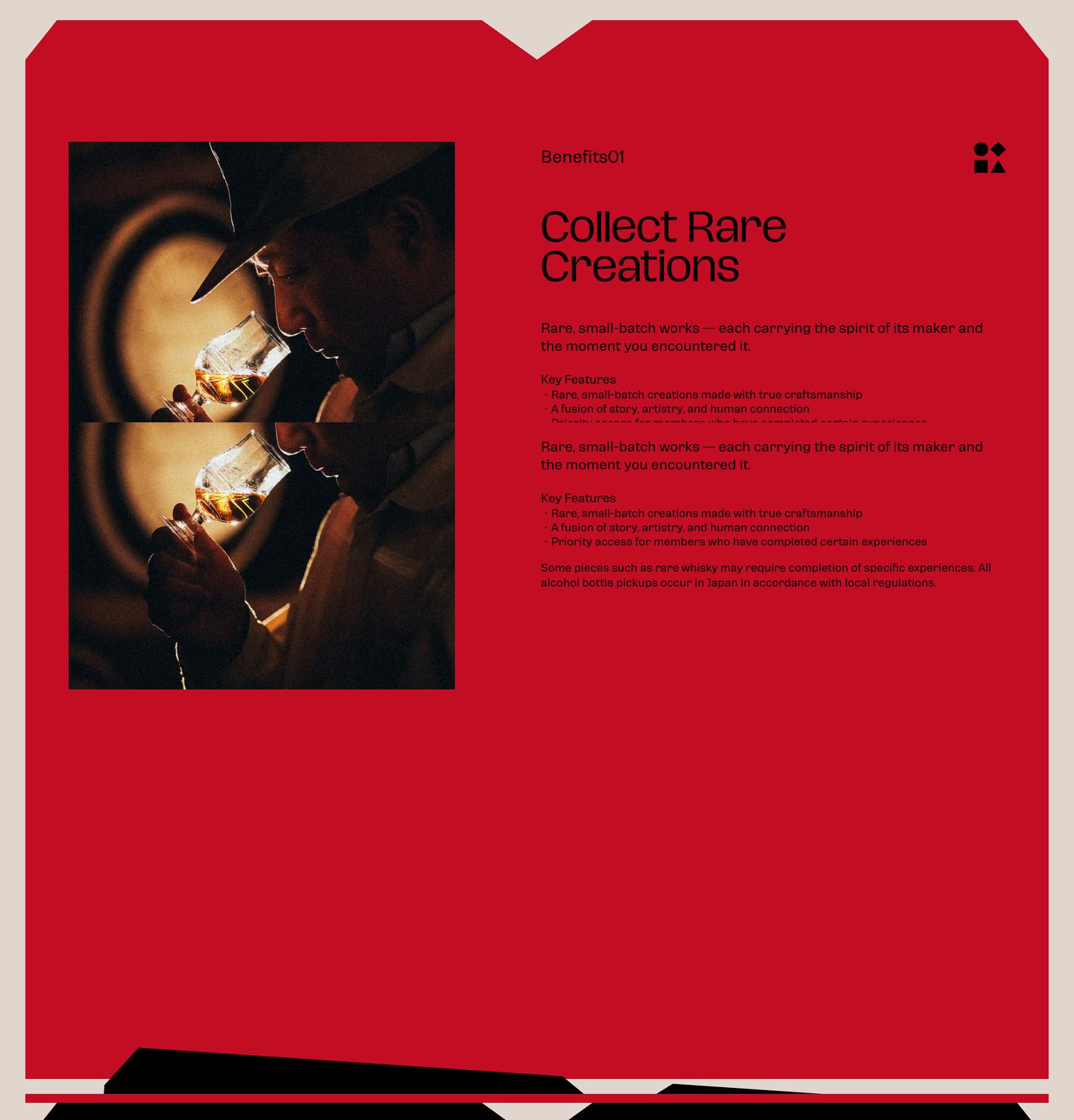A bold crimson container framed by architectural cutouts pairs cinematic tasting photography with restrained editorial typography to convey rare craftsmanship.