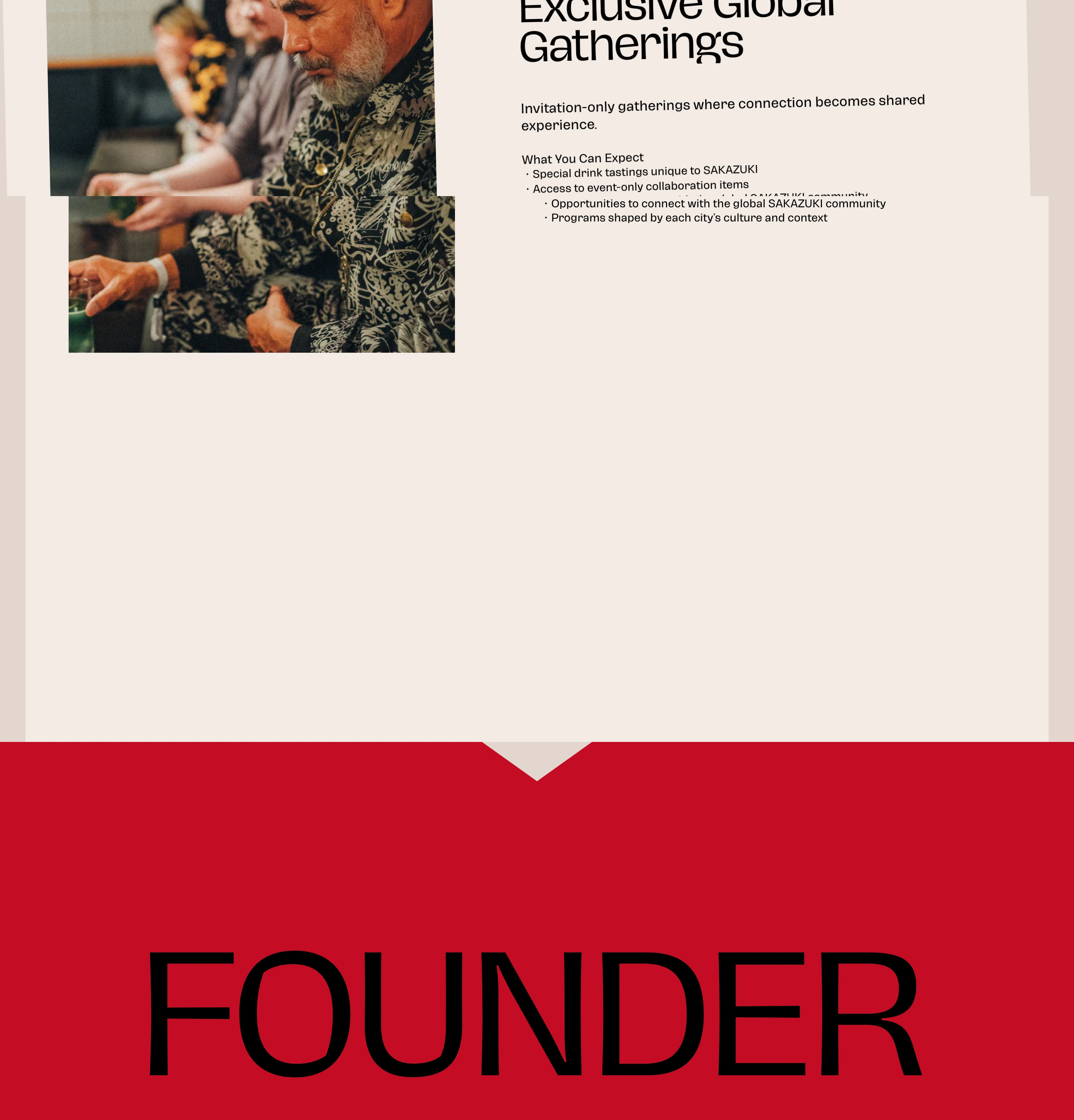 A refined editorial event feature that transitions into an impactful crimson section with massive typography and distinct visual tension.