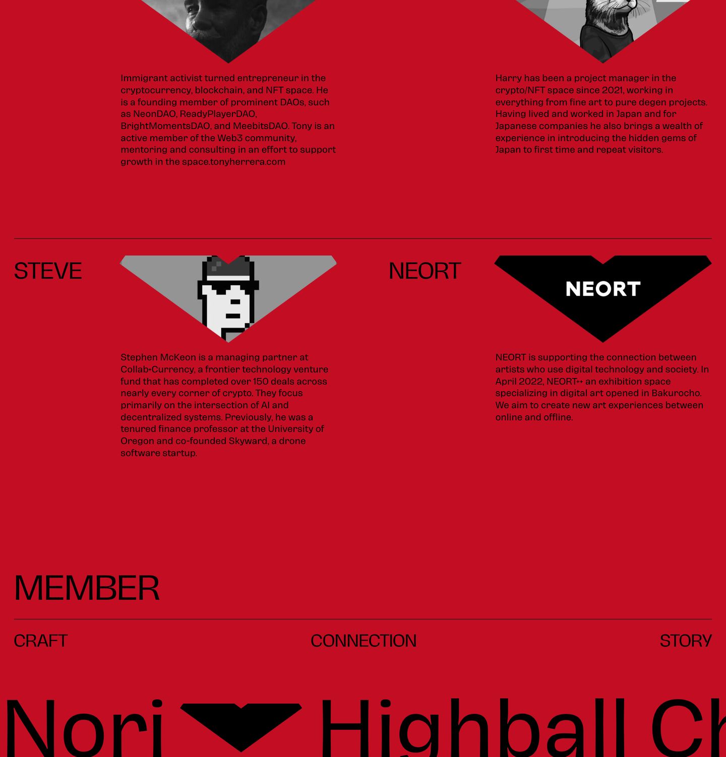 An aggressive, crimson-drenched member roster pairing raw brutalist typography with pixel art avatars inside shaped badge cutouts.